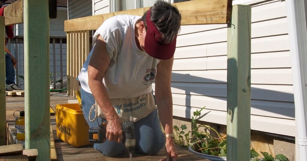 Jane Johnson drilling on a ramp build.