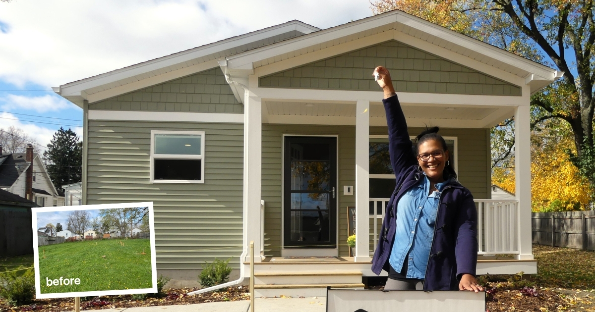 Before and after shot of Brittni's home. She holds up the keys with a big smile on her face in the after.