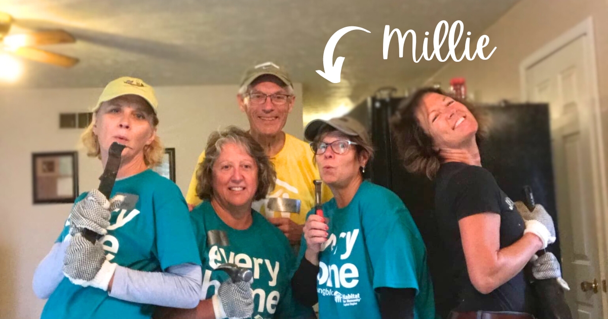 Millie Heinz, monthly donor, on the construction site with other volunteers.