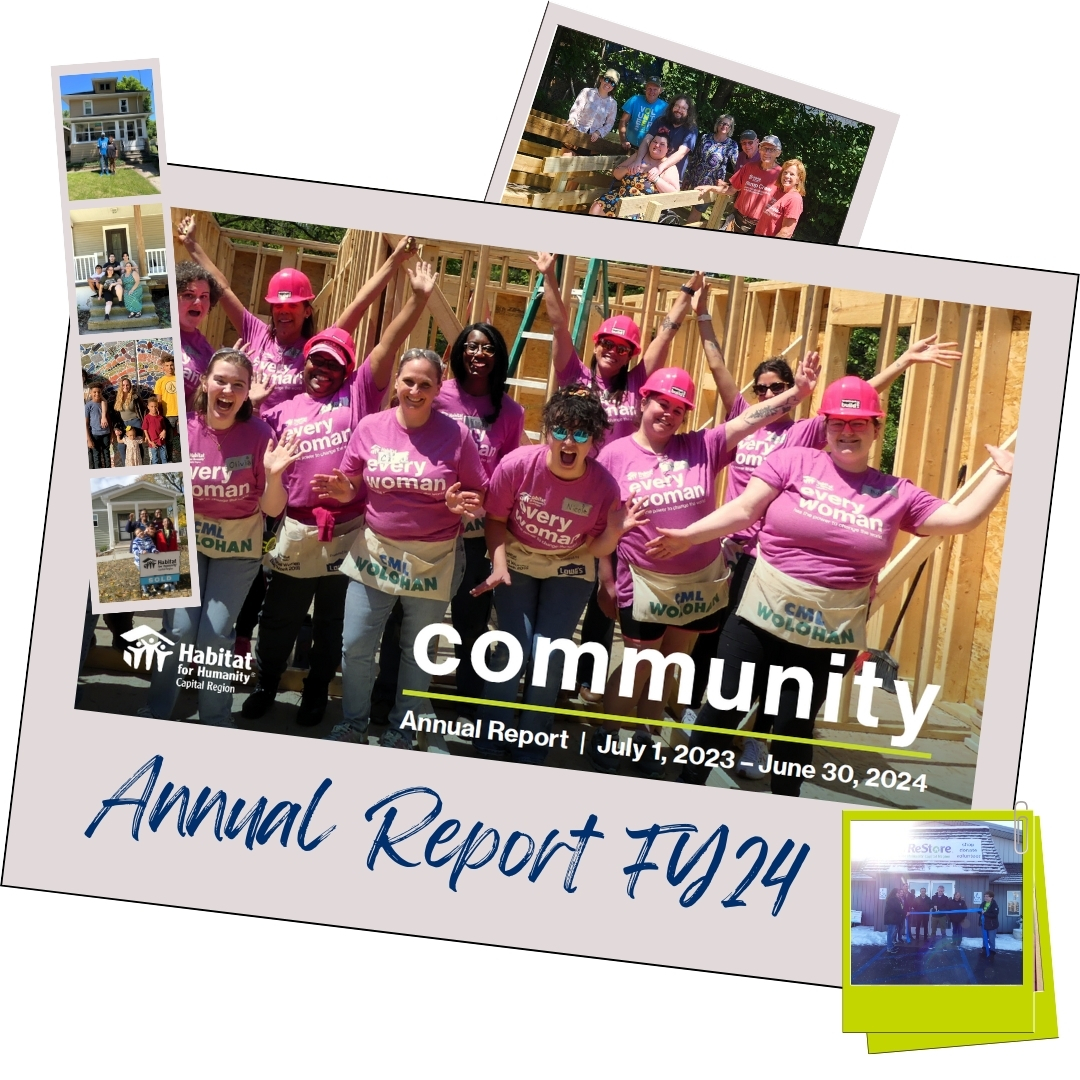 The fiscal year 2024 Annual Report, "Community" featured as a polaroid photo with photos from inside the report collaged around it.