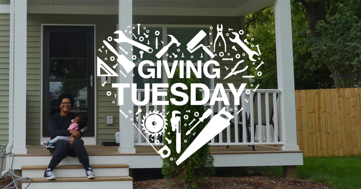 Giving Tuesday: Brittni sits on the front steps of her Habitat home to pose for a photo.