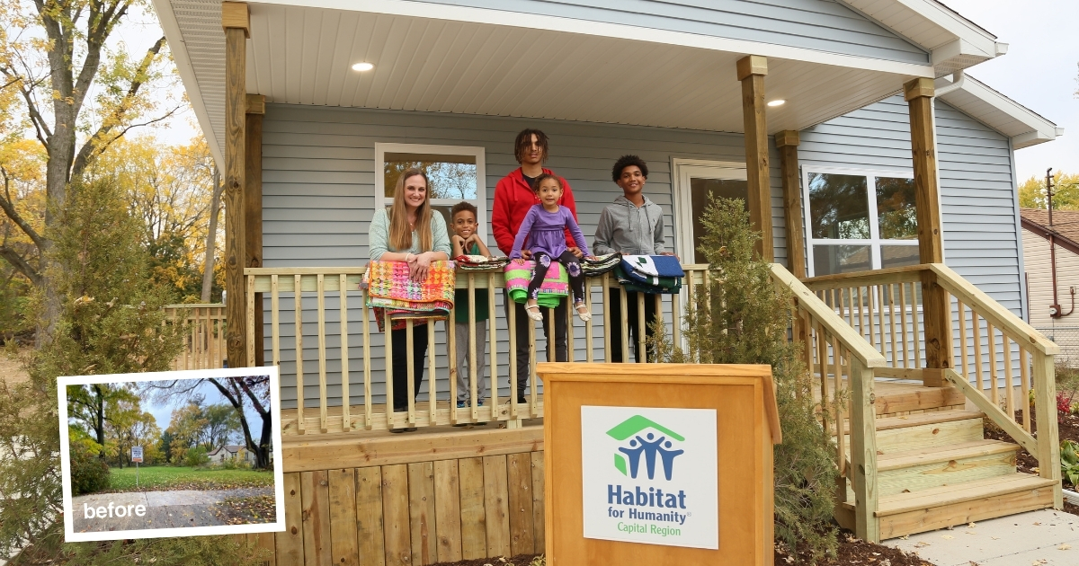 Carly's Home Base: Carly and her children pose for a photo on their new front porch, and a before photo of the vacant lot is in the left corner.